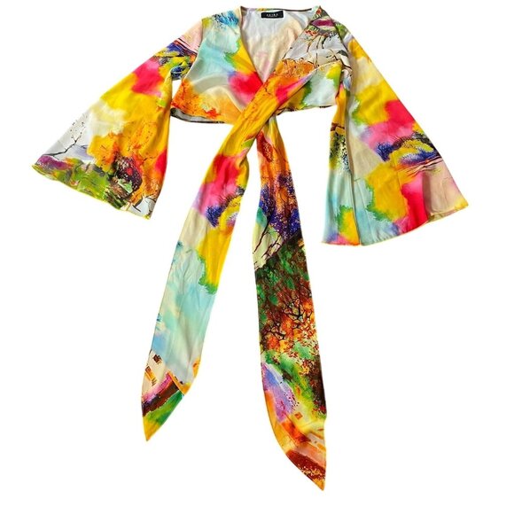 Akira Multicolor Abstract Print Tie-Front Long Sleeve Crop Top Large - Picture 1 of 11